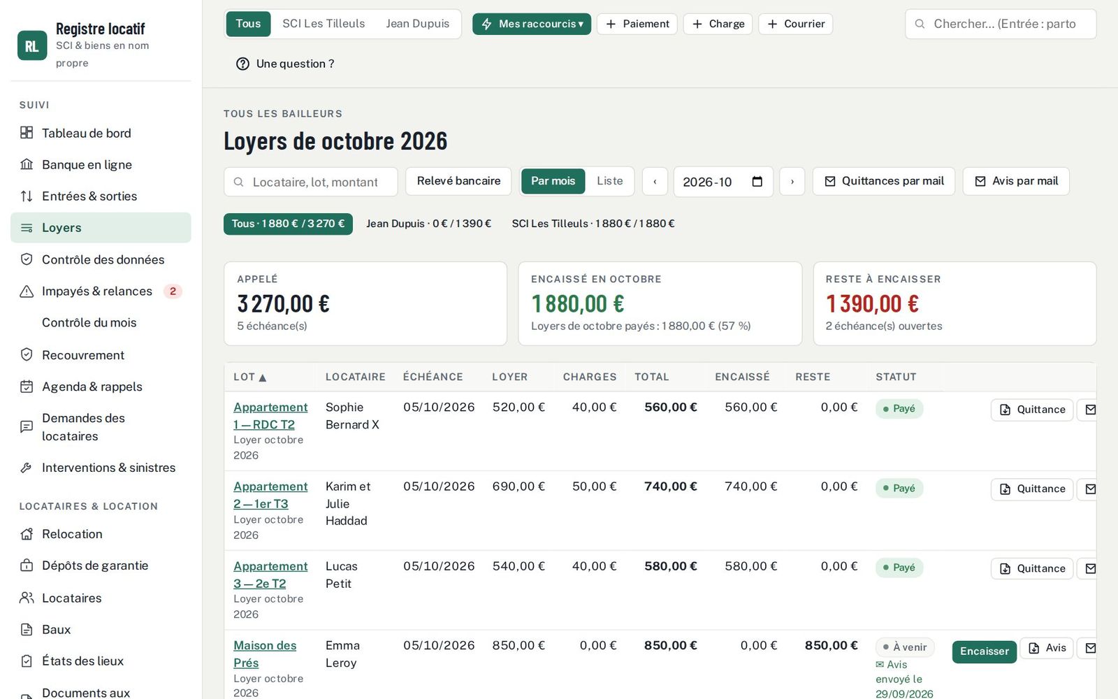 Loyers du mois : appelé, encaissé, reste à encaisser, quittances